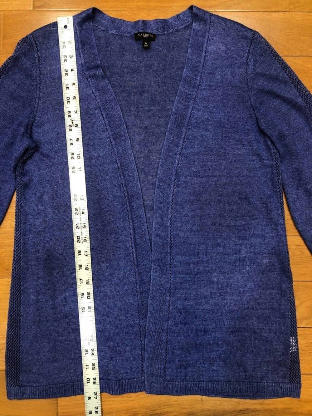 Talbots Open Front Linen Blue Cardigan w/ Lace Knit Detail Beach Coastal Sz SP - Picture 4 of 7